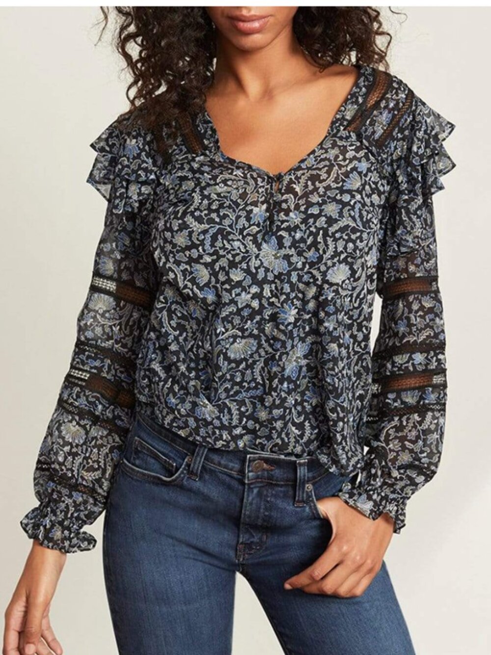 Veronica Beard Penny Floral Long Sleeve Silk Top Black Multi - Size 2